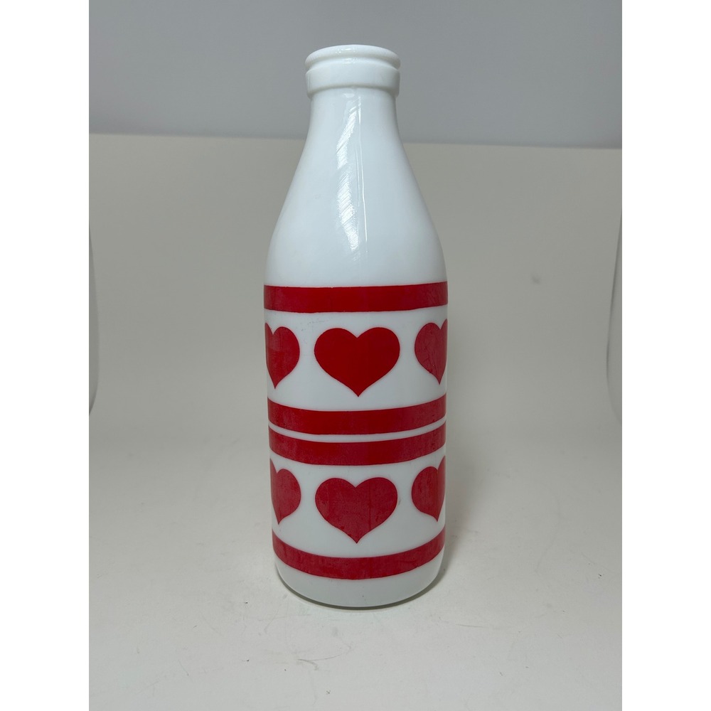 Vintage‎ Milk Glass Heart Bottle Made in Portugal Red Stripes Valentine Decor